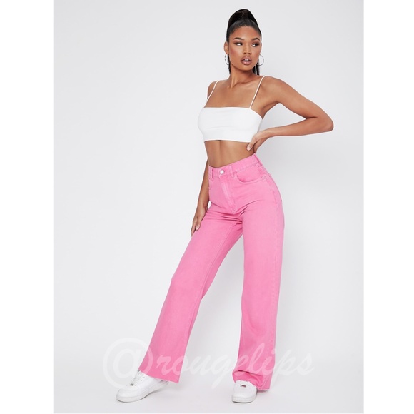 90s Style Pink Wide Leg Jeans High Waist Raw Hem - Picture 5 of 14